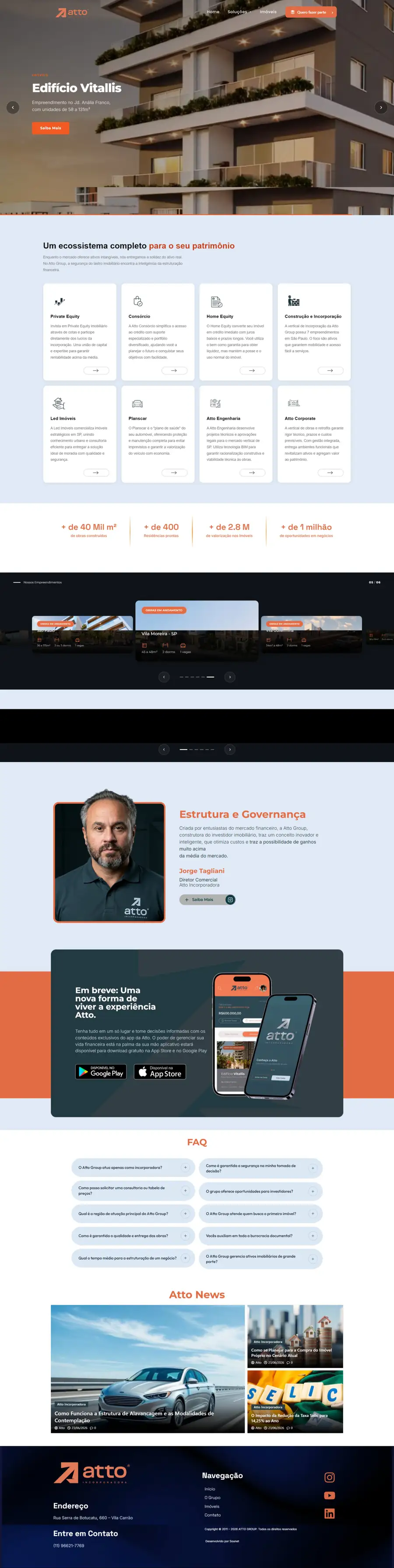 O site Atto Group inteiro, da página inicial ao rodapé
