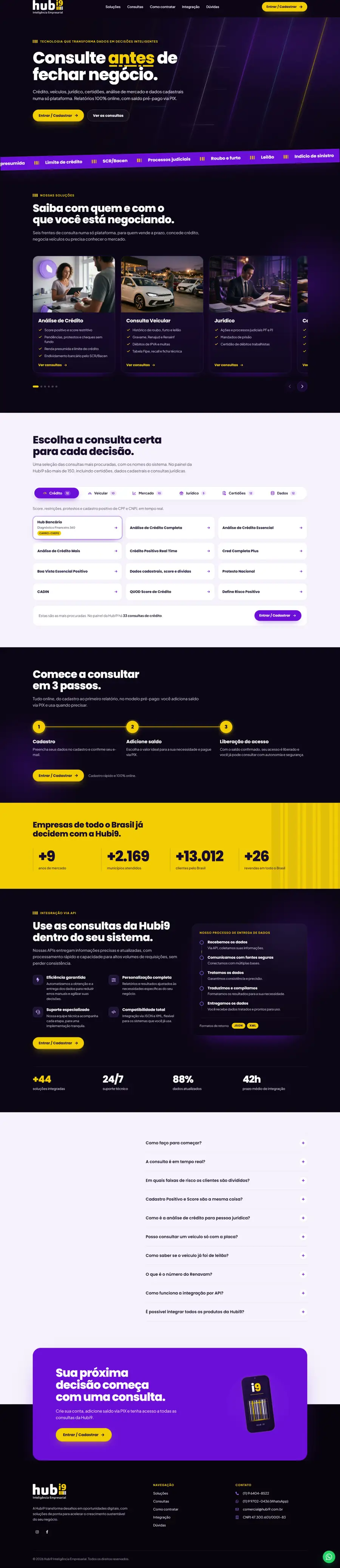 O site Hubi9 inteiro, da página inicial ao rodapé